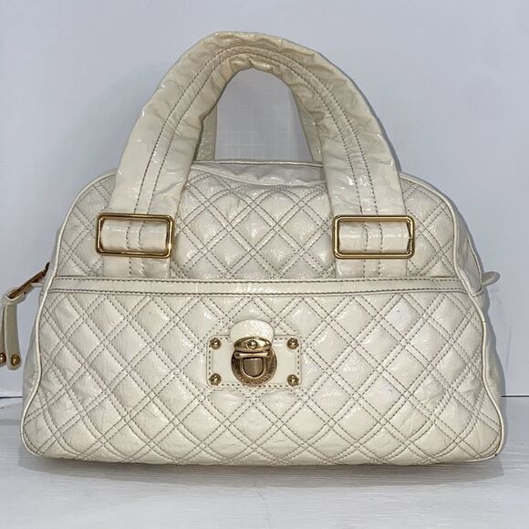 Marc Jacobs Handbags - Marc Jacobs Ursula Quilted Patent Goatskin Leather Cream Satchel Lg Bowler Bag